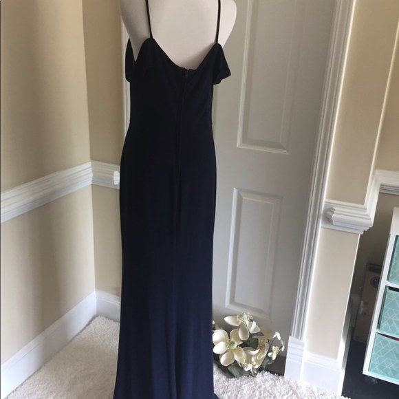 Dark Navy Off the Shoulder Side Slit Formal Dress - Picture 11 of 13
